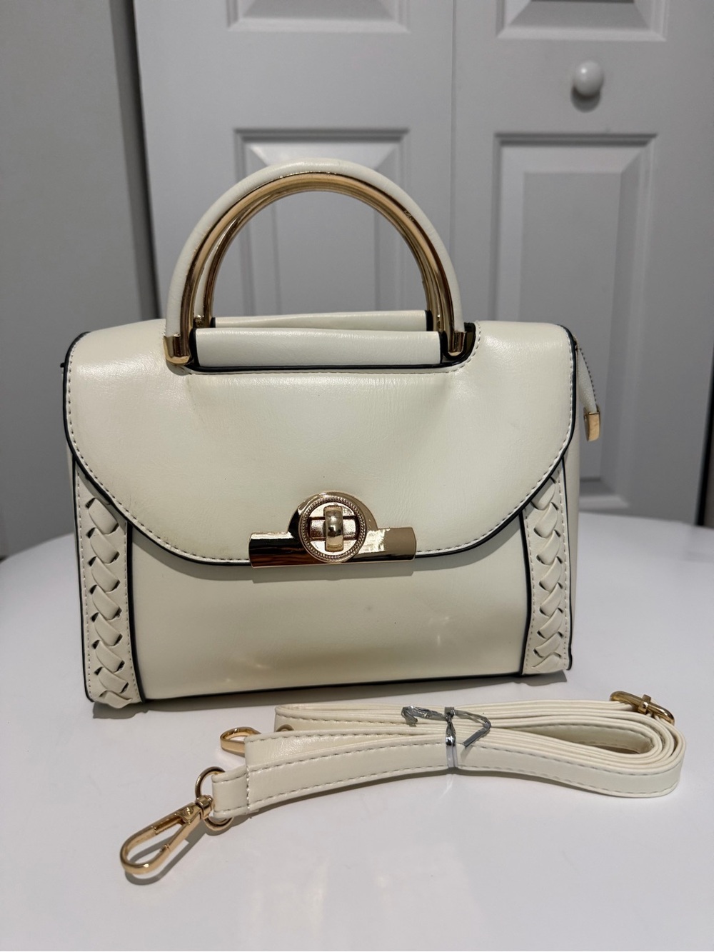Cream Top-Handle Satchel with Gold Hardware